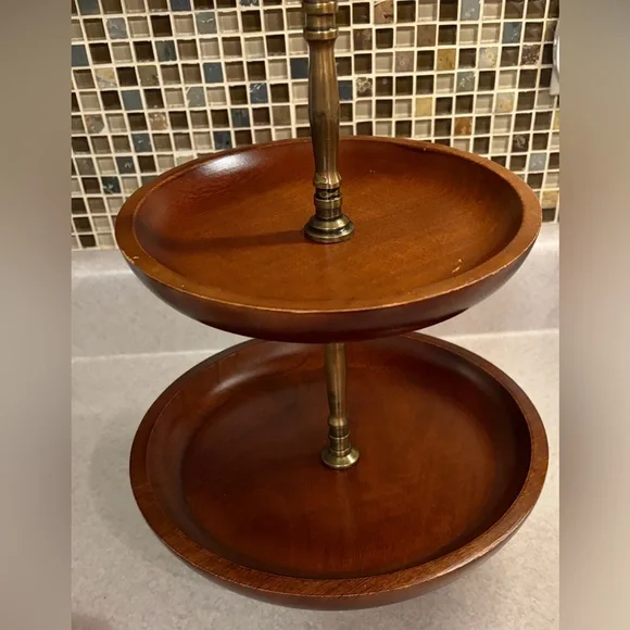 Mango Wood 2 Tier Cupcake Server Tray Mid Century - Picture 4 of 16